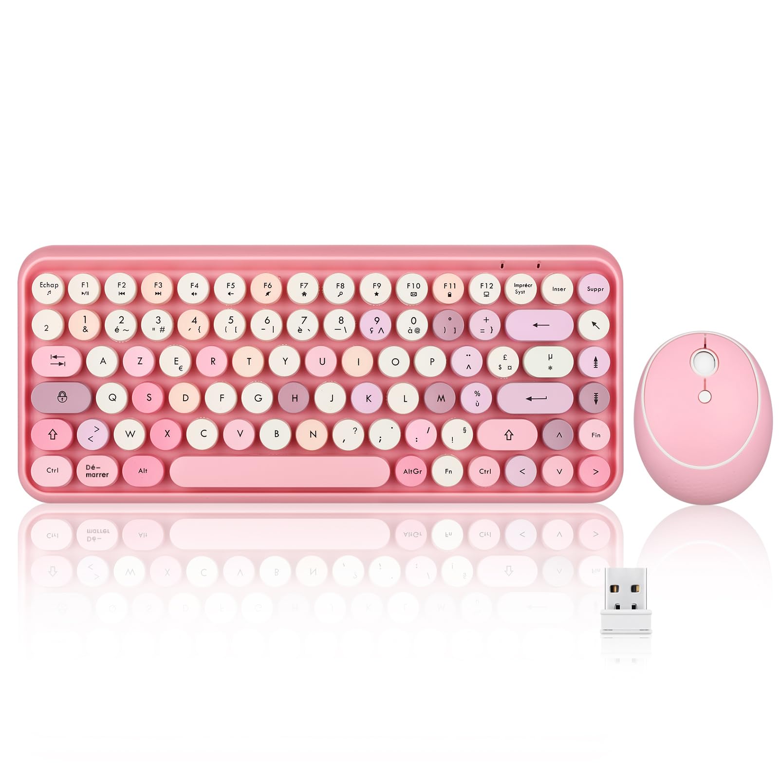Perixx PERIDUO-713 Mini Wireless Keyboard and Mouse Set, USB, 2.4 GHz, Rounded Retro Style Keys, Pastel Pink, AZERTY