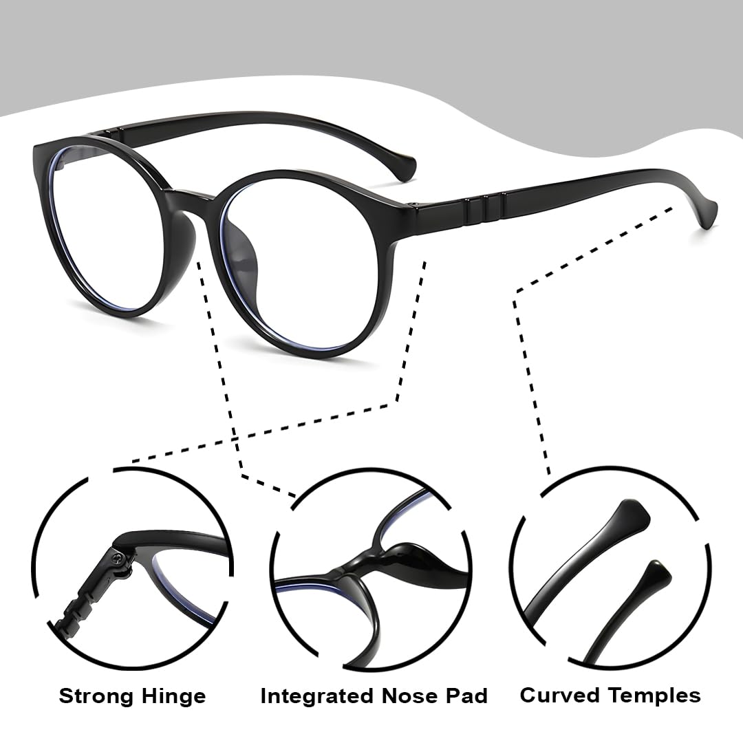 SYGA Children's Anti-Blue Light Glasses Lightweight Round Flat Glasses Frames For 4-12 Years old Kids (Black frame black legs) - Image 3 thumbnail