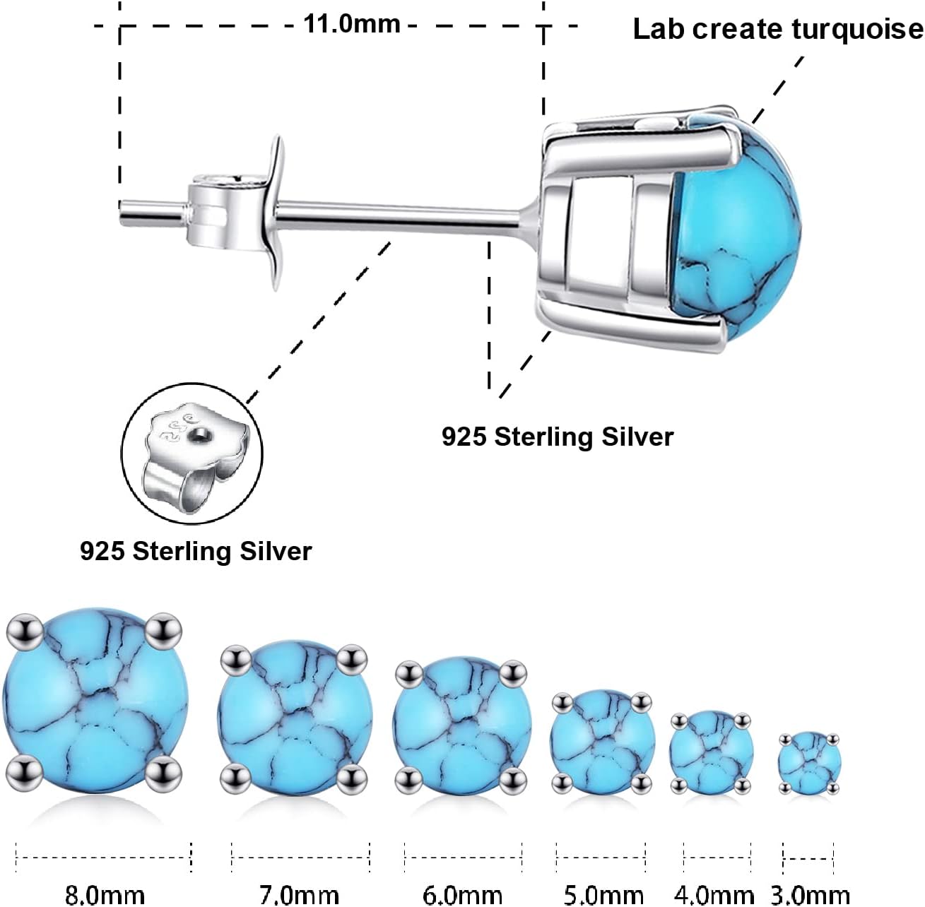 White Gold Plated Sterling Slver Turquoise Stud Earrings 3mm-8mm Options, Simulated Gemstone 4-Prong Studs Hypoallergenic Jewelry - Image 2