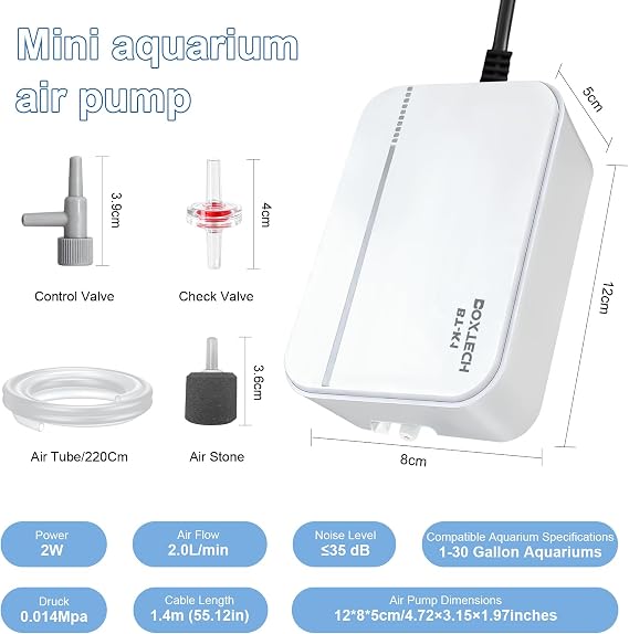 Boxtech Fish Tank Air Pump, Ultra-Quiet Aerator 2W