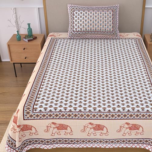 Image of 100% Cotton Single Bedsheet with 1 Pillow Cover | 240 TC Pure Cotton Flat Bed Sheet | Traditional Jaipuri Printed Bedding Set | Soft & Breathable | 60 x 90 Inch (Rangmahal Single 74)