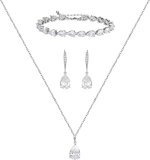SWEETV Cubic Zirconia Bridal Jewelry Set: Teardrop Marquise Necklace, Dangle Earrings, Bracelet for Weddings, Bridesmaids, Prom