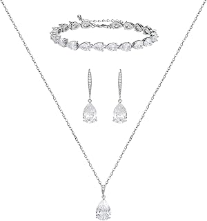 Bridal Jewelry Set for Wedding, Cubic Zirconia Necklace Dangle Drop Earr...