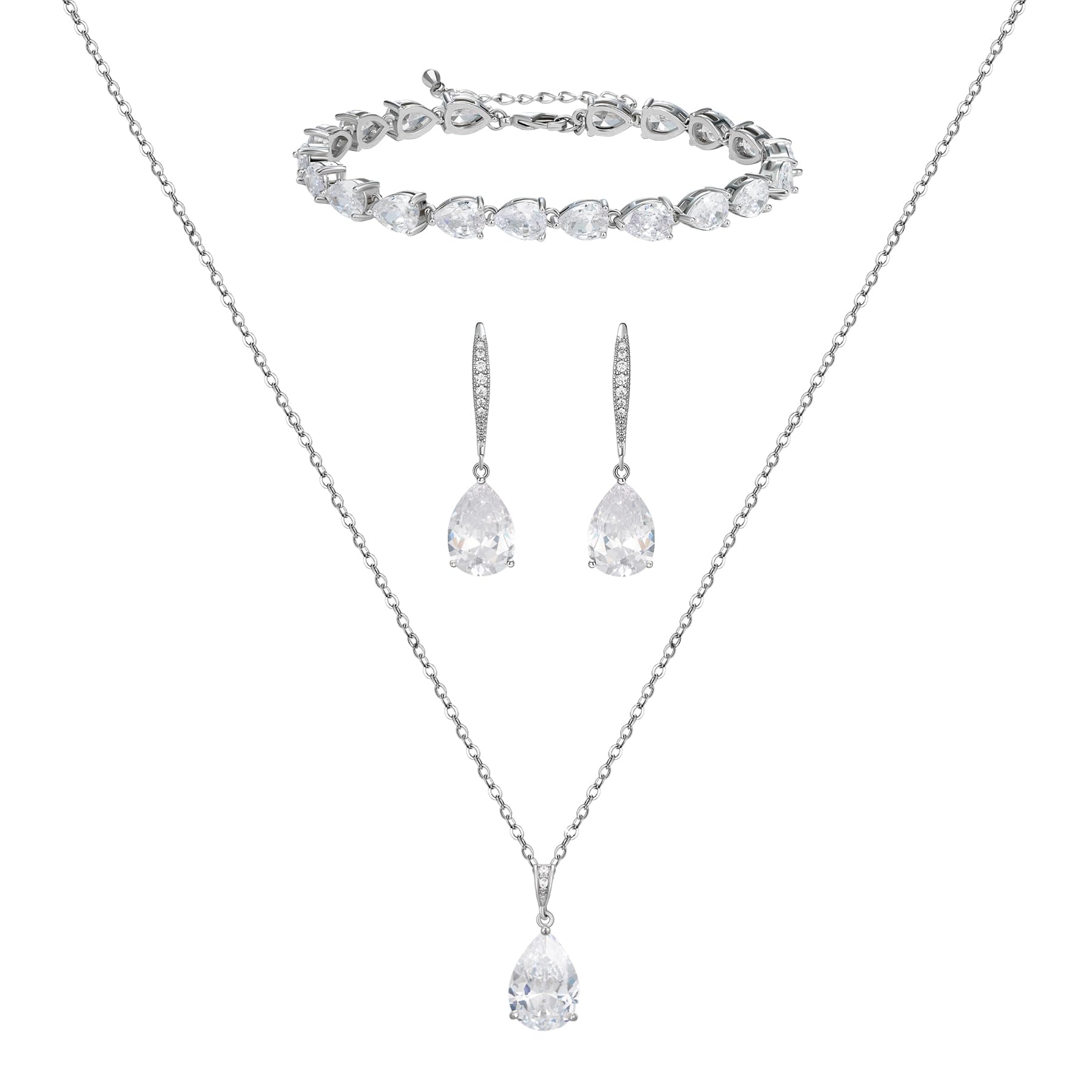 SWEETV Bridal Jewelry Set for Wedding, Cubic Zirconia Necklace Dangle Drop Earrings Bracelet Set, Teardrop Marquise Brides Bridesmaids Wedding Prom
