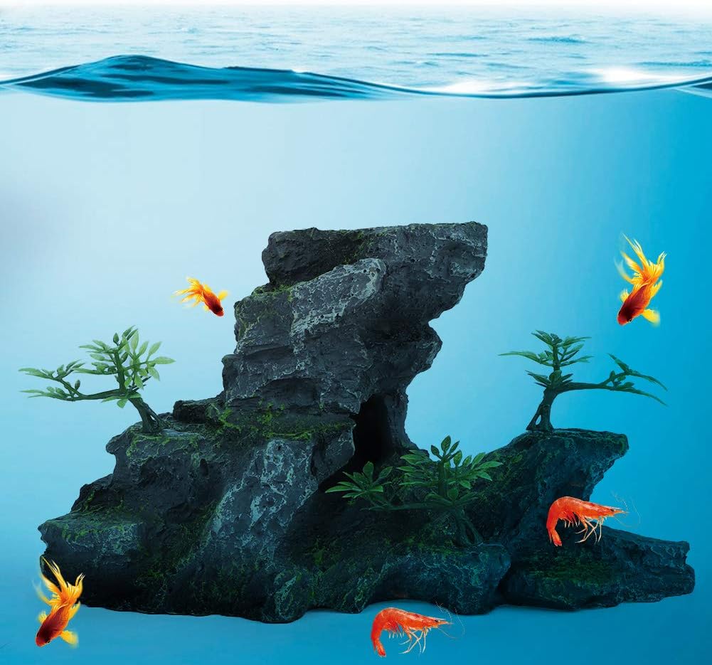 Zerodis Aquarium Ornaments Aquarium Mountain View Stone Ornament, Simulation Resin Rockery Moss Tree Rock Cave Landscape Artificial Aquarium Fish Decoration