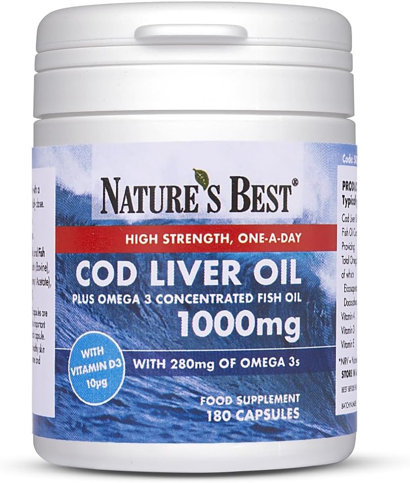 Cod Liver Oil 1000mg - 280mg of Pure Omega 3 & 10µg Vitamin D3 per Capsule - Supports Muscles, Teeth, Heart & Blood Pressure - Taste-Free - UK Made - 180 Capsules (6 Months' Supply)