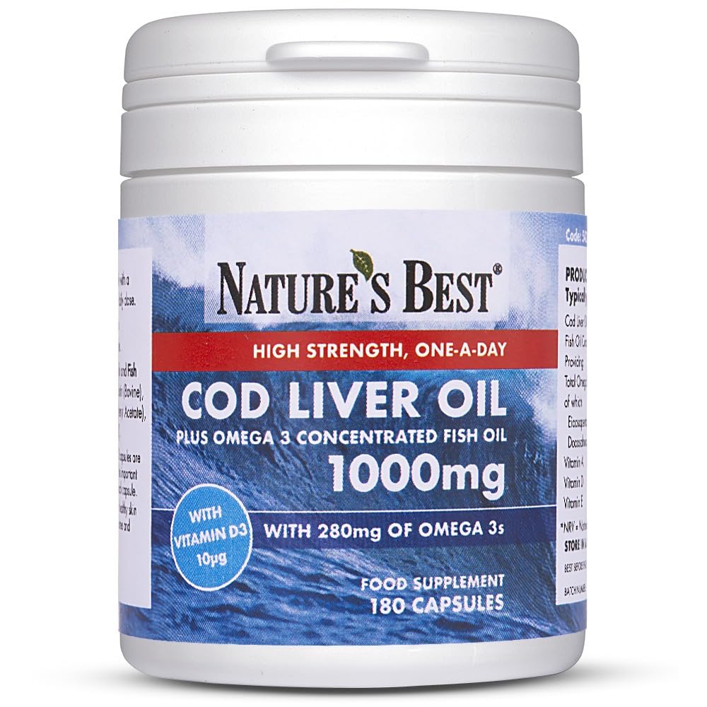 Cod Liver Oil 1000mg - 280mg of Pure Omega 3 & 10µg Vitamin D3 per Capsule - Supports Muscles, Teeth, Heart & Blood Pressure - Taste-Free - UK Made - 180 Capsules (6 Months' Supply)