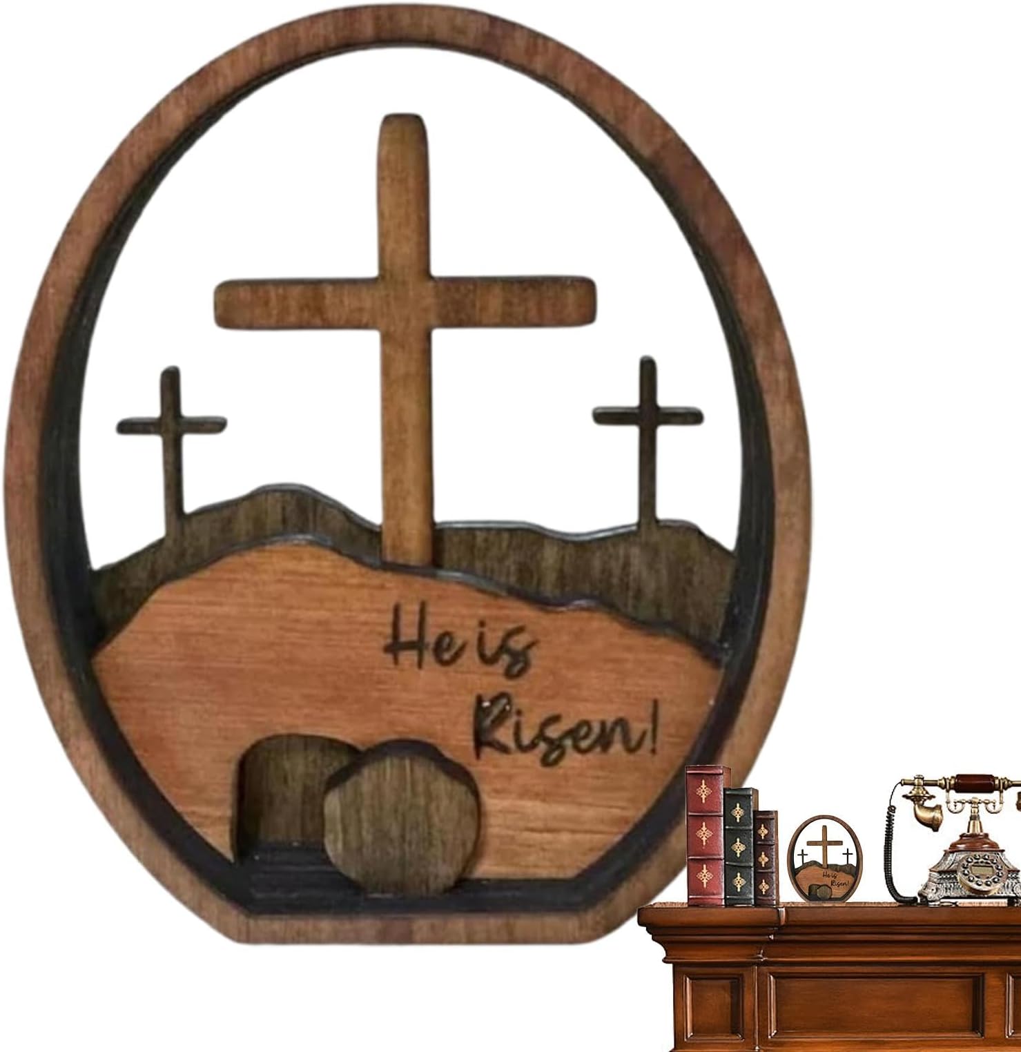 Krmoau Christian Easter Decoration, "He Is Risen", Wooden Easter Decoration for the Tomb of Jesus, 14 cm, Home Ornament for the Birth of Jesus for Desk and Table