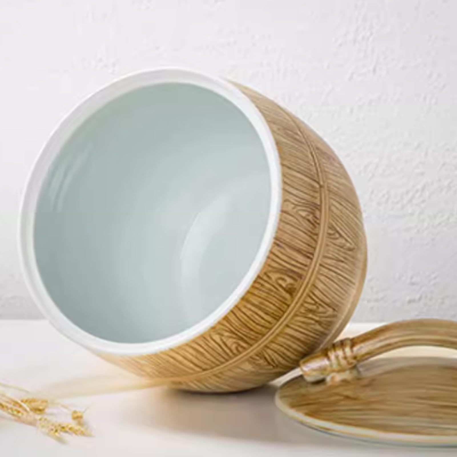 Bote de arroz cerámico con tapa y taza medidora， organizador despensa familiar grande- para alimentos secos, granos, cereales, harina, azúcar, pasta, café, frutos secos(22lb/10kg)