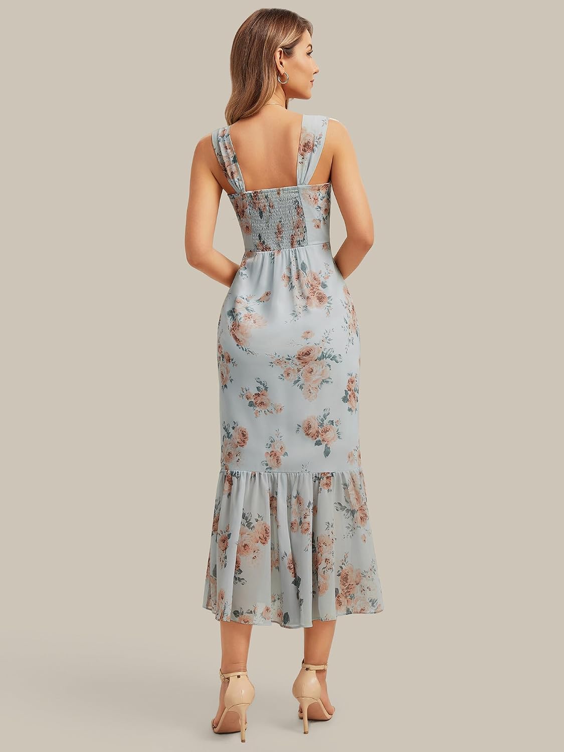 Ever-Pretty Women's Summer Chiffon Square Neck Sleeveless Wedding Guest Dress Tea Length Mermaid Floral Cocktail Dresses