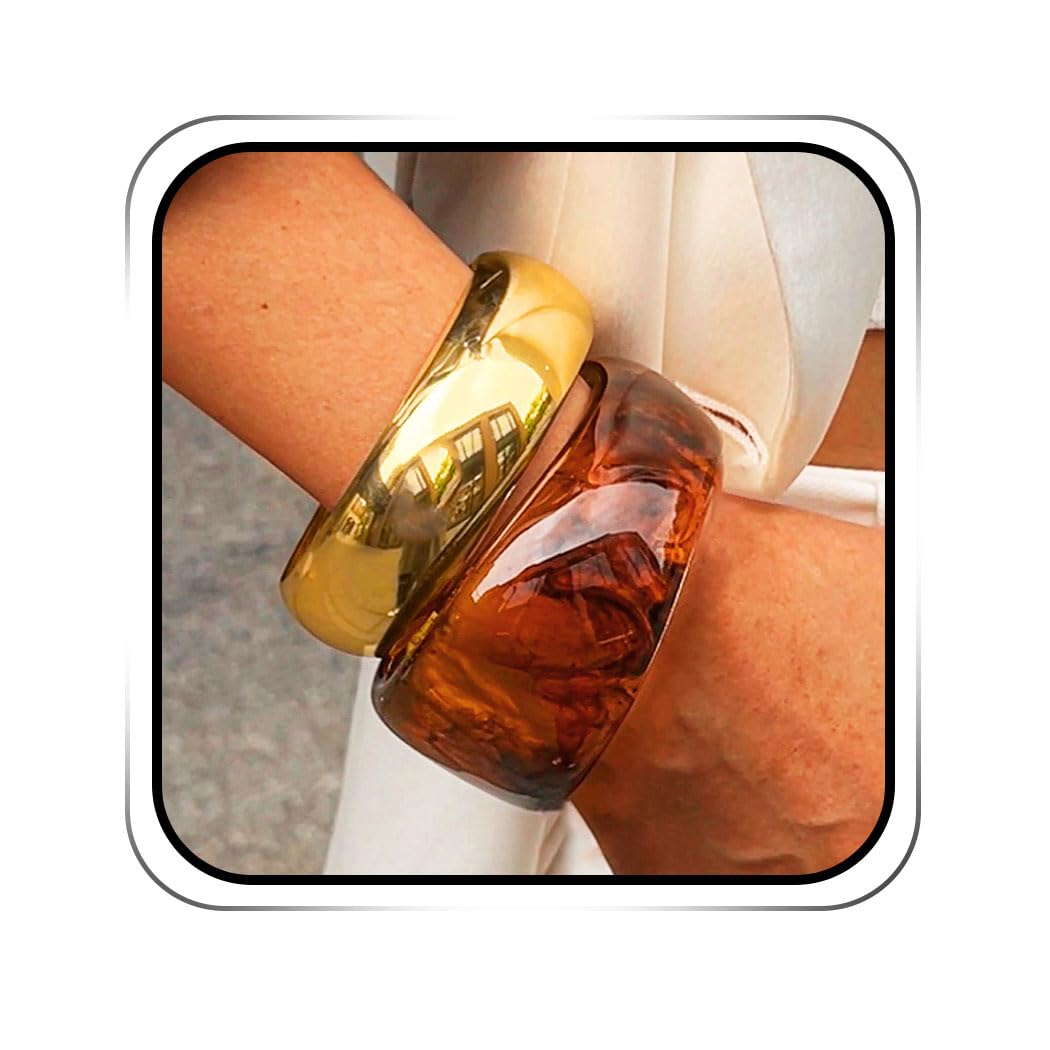 ACEDRE Chunky Resin Bangle Bracelet Set Gold Round Acrylic Wide Wristbands Statement 2PCS Jewelry for Women