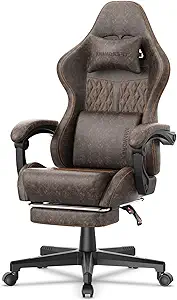 Ferghana Vintage PU Leather Gaming Chair with Massage and Footrest, Ergonomic High Back Recliner for Adults