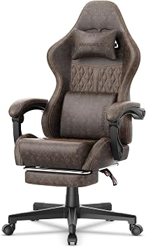 Ferghana Vintage PU Leather Gaming Chair, Ergonomic Gamer Chair with Massage, High Back Computer Office Chair with Footrest for Adults, Racing Style Reclining Video Game Chair Brown