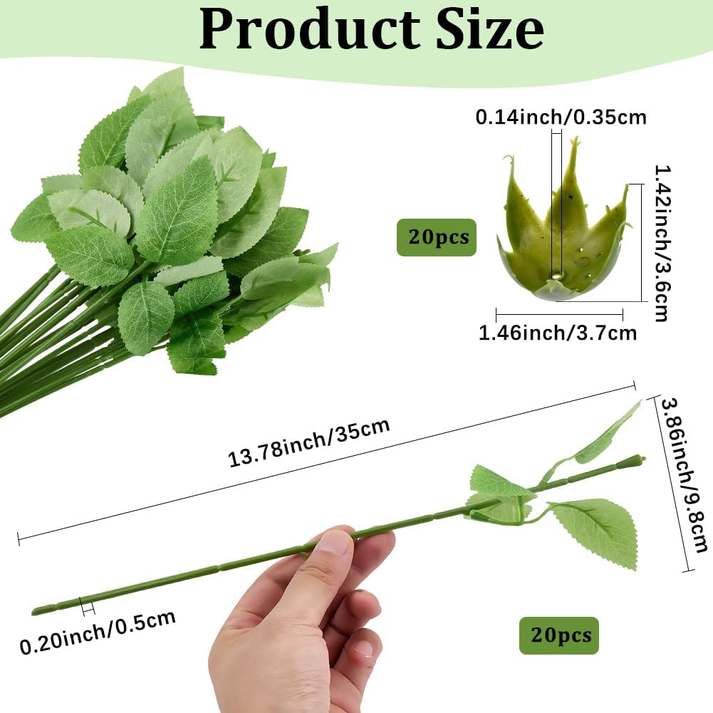 20Pcs Rose Stems with Leaves and 20Pcs Flower Calyxes Set Plastic Artificial Flower Wire DIY Craft Bouquet Flower Sepals for Floral Arrangement Bouquet Making Wedding Party Florist Supplies image 2