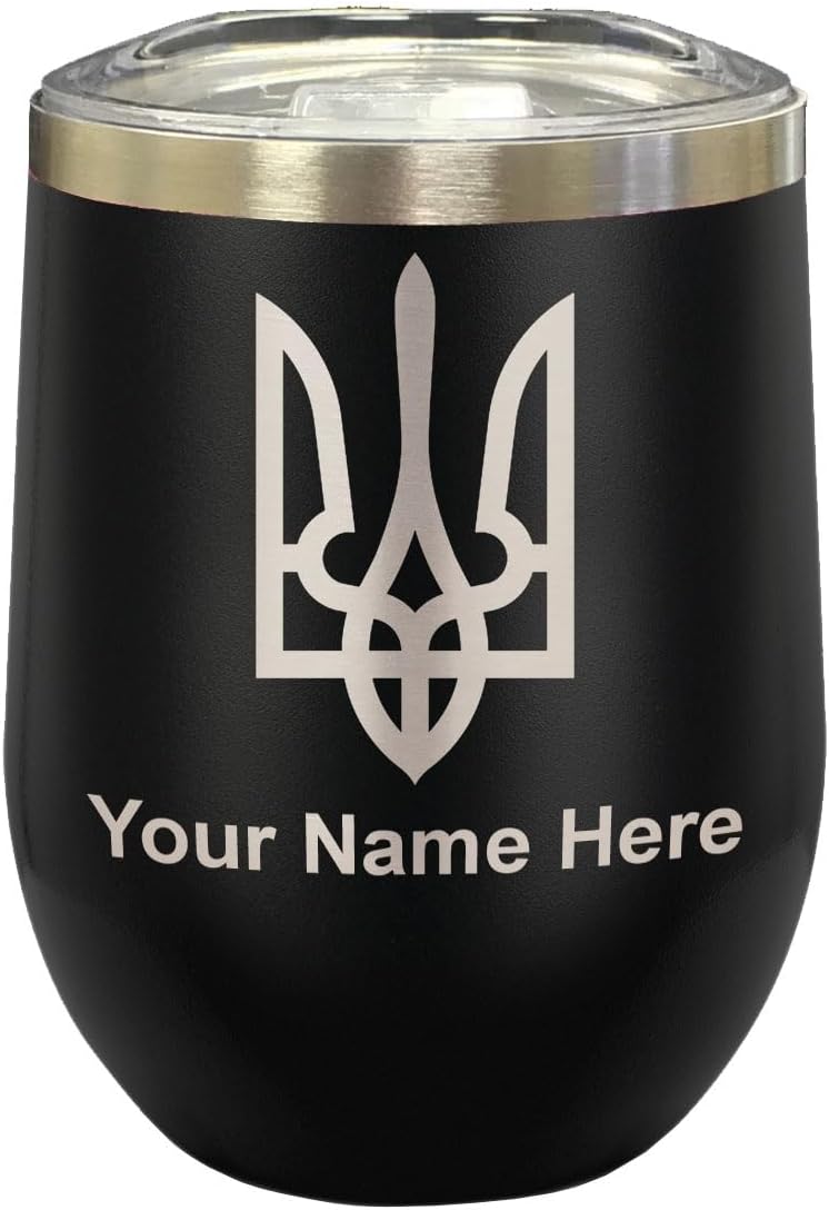 LaserGram 16oz Double Wall Stainless Steel Wine Glass Tumbler, Flag of Ukraine, Personalized Engraving Included (Black)