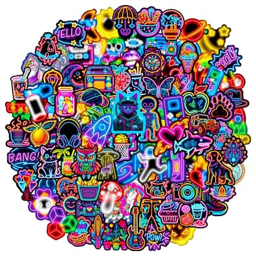 Autocollant 100 Pièces Stickers Neon Cool, Autocollant Vinyle Impermeable, Stickers pour Skateboard Scrapbooking Pc Ordinateur Portable Valise Telephone MacBook Bouteille Tablette Journal Guitare etc
