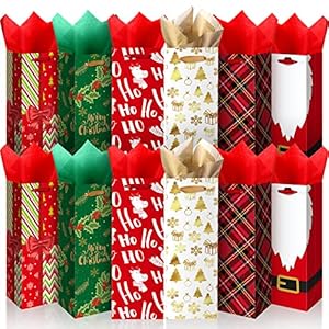 12 Pieces Christmas Wine Gift Bags Christmas Wine Bottle Gift Bag Cover with Handles Wine Paper Bags for Xmas Party Gift…