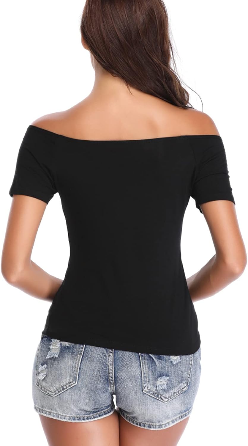 Fuinloth Women's Off The Shoulder Tops, One Shoulder Shirts, Short Sleeves Elegant Slim Fit Tees - Image 6