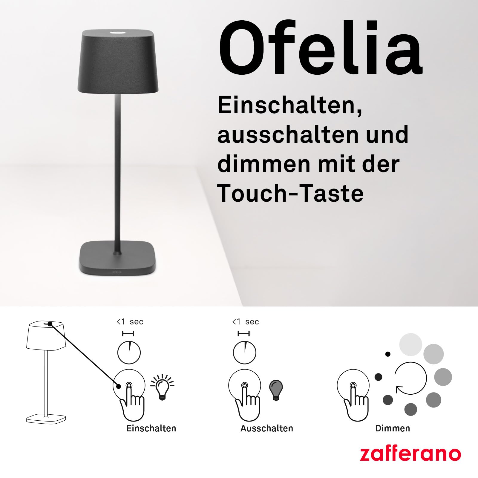 Zafferano, Ofelia Lampe, Kabellose, Wiederaufladbare Tischlampe mit Touch Control, Auch für den Außenbereich Geeignet, Dimmer, 2200-3000 K, Höhe 29 cm, Farbe Salbei