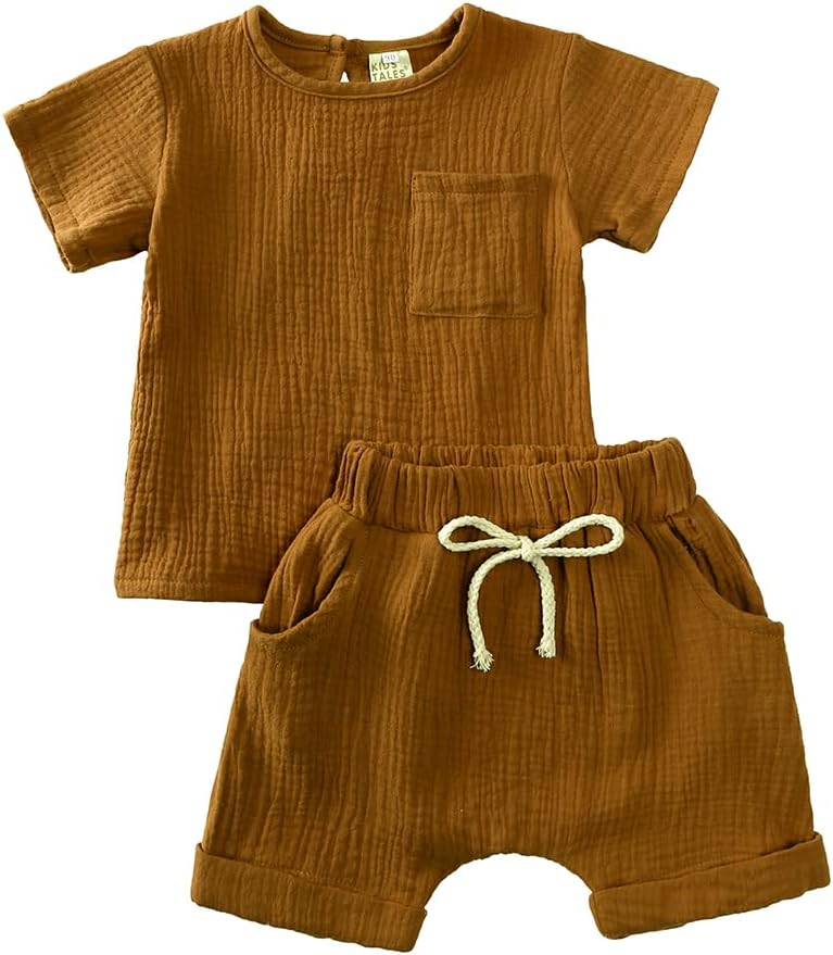 Kids TalesBaby Boys Girls Summer Cotton Linen Clothes Set Solid Short Sleeve Tops + Shorts Toddler Loungewear Outfits 2Pcs