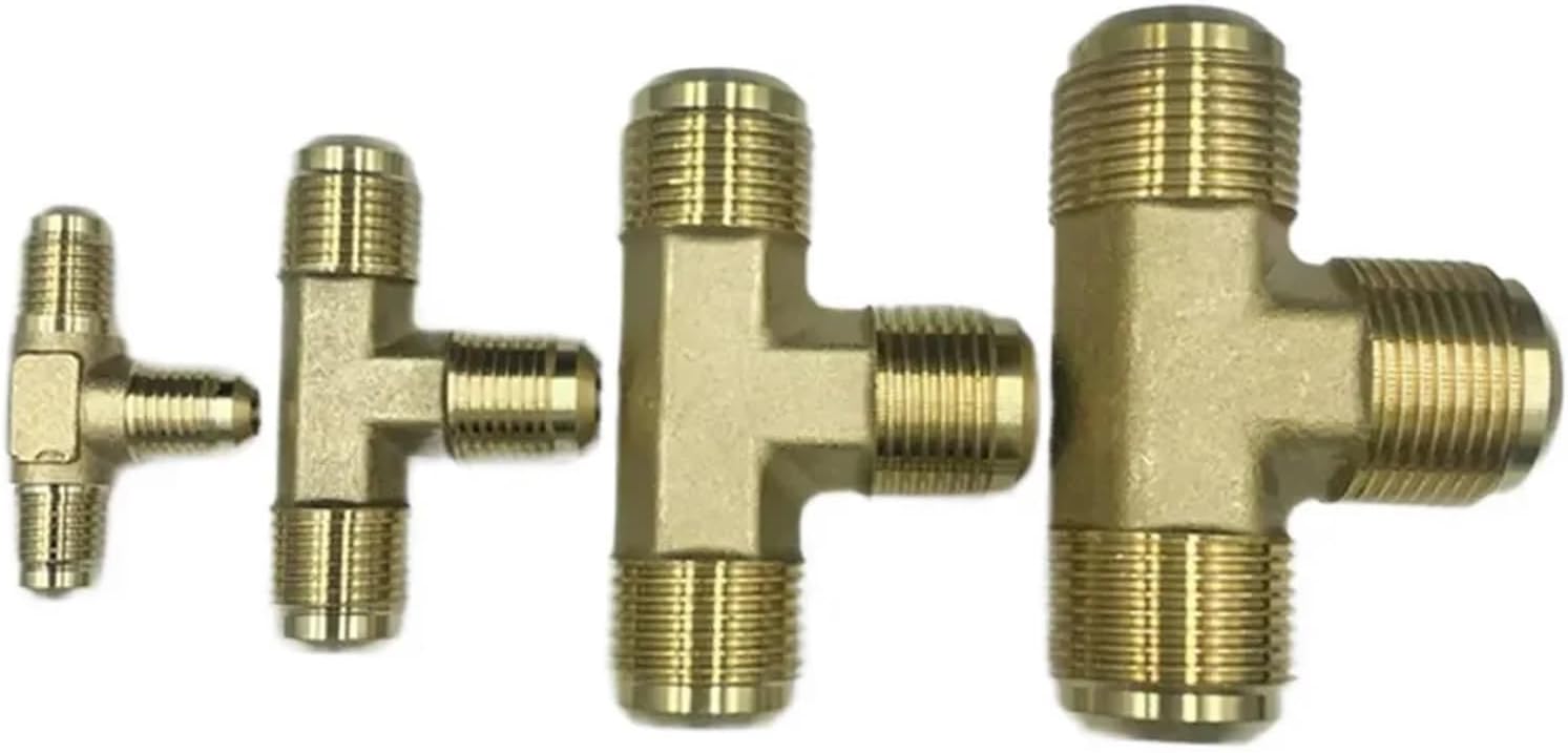 Fit 1/4" 3/8" 1/2" 3/4" Tube SAE-Standard Flare Connector Brass Tee 3 Ways Pipe Fitting Connector Adapeter for Air Conditioner(With Nut,9.52MM 3L8 INCH_TEE) Plumbing Fittings