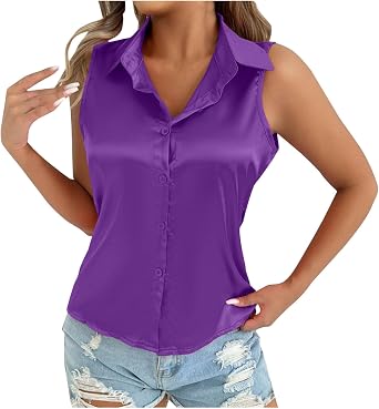 Womens Sleeveless Button Down Shirt Tops V Neck Business Casual Collared Blouses Tank Top Fashion Elegant T-Shirts