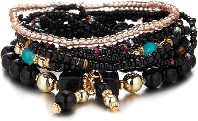 GONDNOWS 8-Pack Bohemian Bead Bracelet Set, Stackable Bead Bracelet, Bohemian Stretch Bracelet, Bead Bracelet, Bohemian Tassel Pendant Bracelet, Crystal Beaded Lucky Protection Bracelet