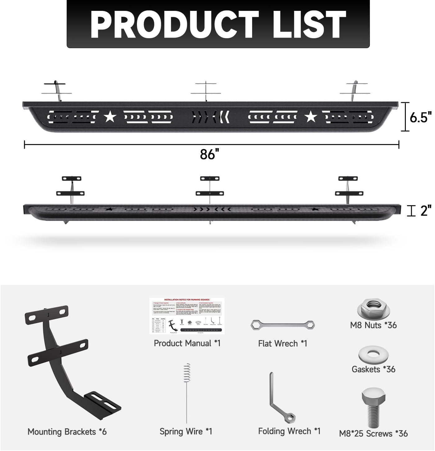 6.5" Running Boards Compatible with 2015-2025 Ford F150&2017-2025 F250 F350 Crew Cab, Side Steps Nerf Bars