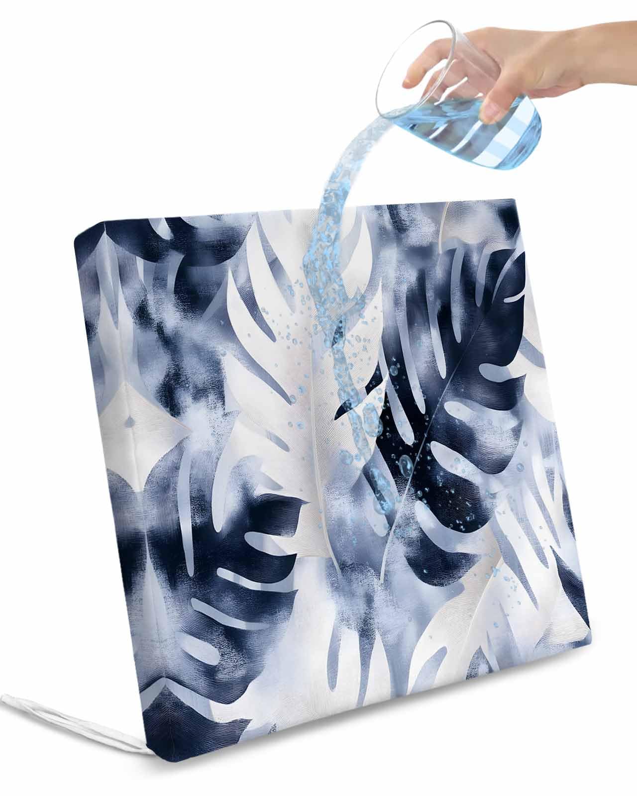 2 Pack Navy Blue Palm Leaves Waterproof Cushion Covers with Ties, Outdoor Patio Chaise Lounge Chair Seat Cushion Slip Covers Replacement(Only Cover) Tropical Botanical Vintage 22