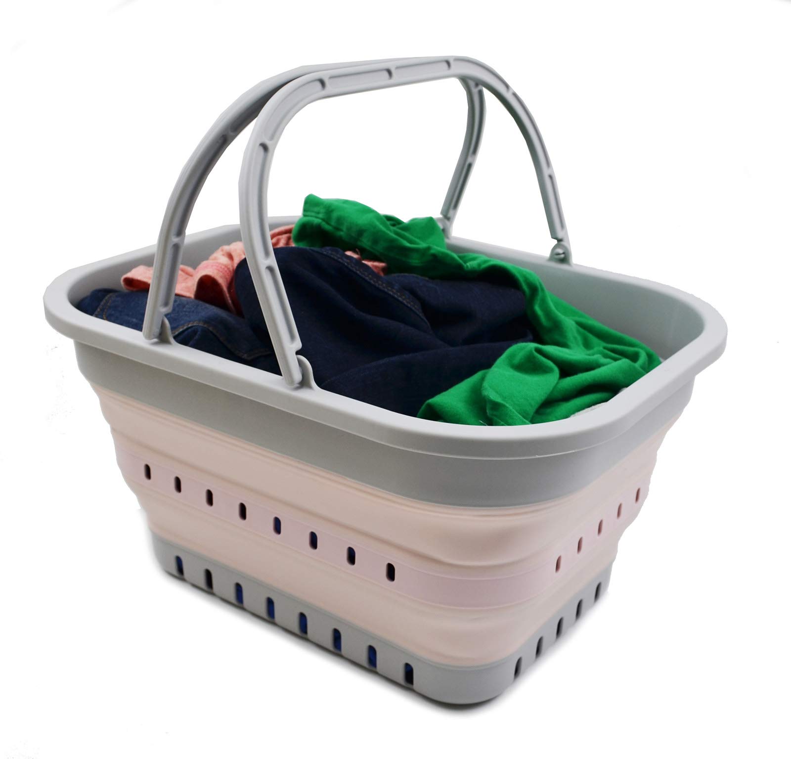 SAMMART Tina plegable de 19 litros con asa, cesta de picnic portátil al aire libre, bolsa de compras plegable, contenedor de almacenamiento que ahorra espacio (1, gris/rosa)