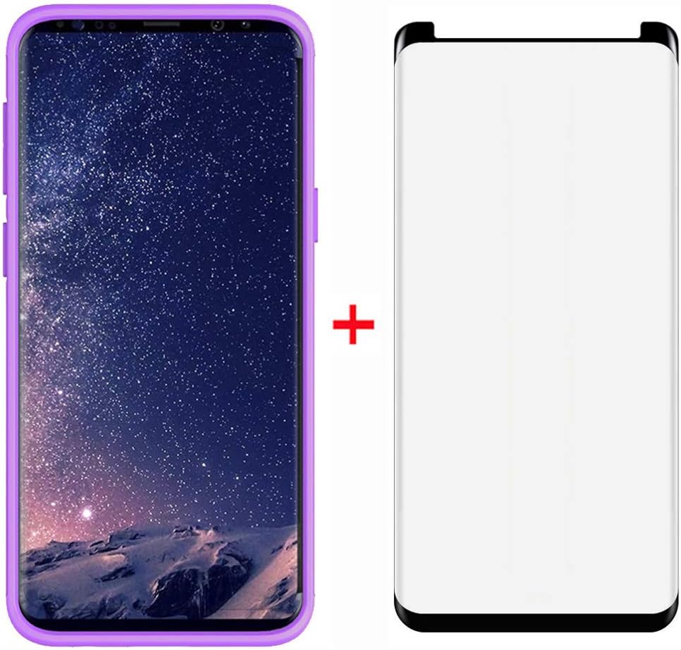 Phone Case for Samsung Galaxy S9 with Tempered Glass Screen Protector Cover and Bling Glitter Slim Hard Hybrid Rubber Silicone Cell Accessories Glaxay S 9 Edge 9S GS9 Cases Women Girls Girl Purple
