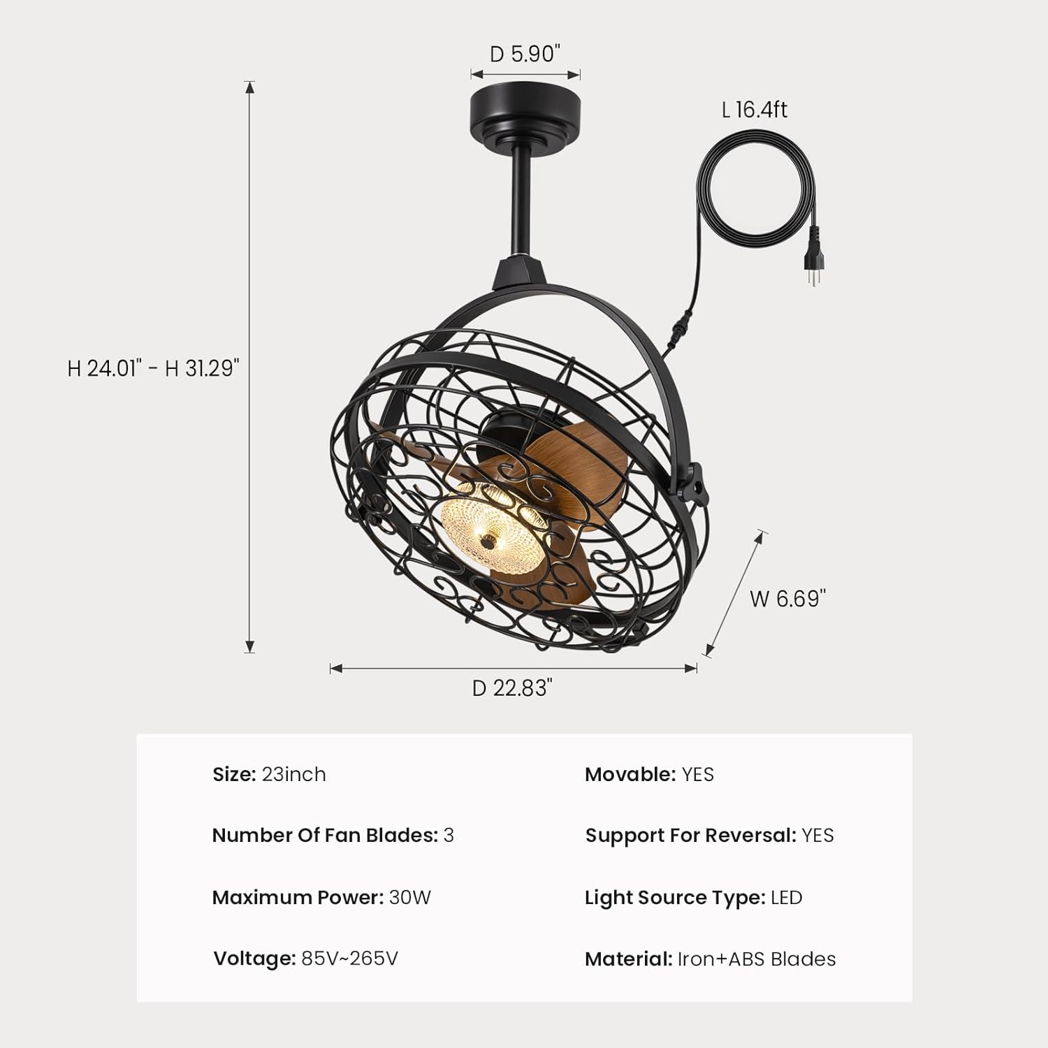 Diagram showing the dimensions of the CROSSIO 23-inch outdoor ceiling fan