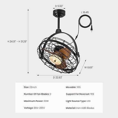 Miniatura 3 de CROSSIO Ventiladores de techo para exteriores de 23 pulgadas con luces, ventilador de kiosco, control remoto y aplicación, ventilador colgante Negro