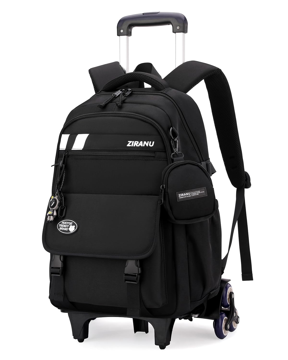 Tanou Zaino Trolley per Ragazzi, Zaino con Ruote Scuola Media e Elementare | 28L, Trolley Staccabile, Zaini Ragazzo Grande con Portamonete per Viaggi, 6 Rotelle, Nero