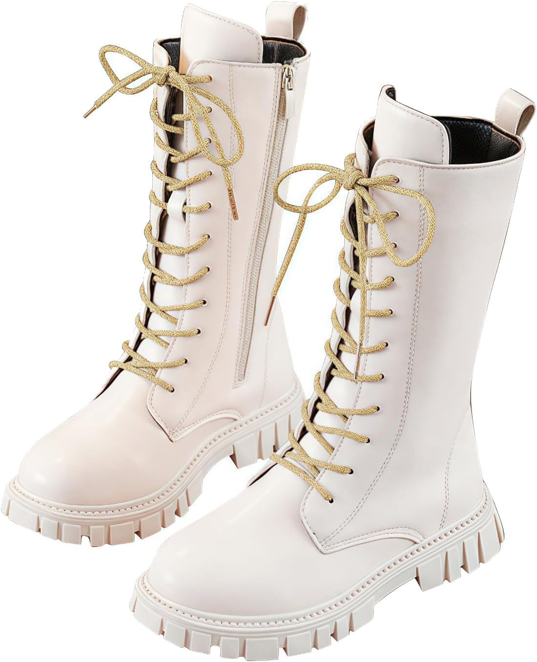 Girls White Lace-Up Riding Boots Mid Calf Combat Boot Side Zipper PU Cosplay Costumes Winter Boots 4-11 Years