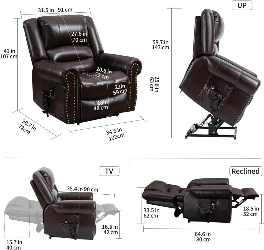 Dual Motor Heavy Duty Electric Lift Recliner for Elderly with Massage Heat Lay Flat Standing Assistance Breathable Leather Wide Seat Chair with USB Cup Holders Remote for Living Room