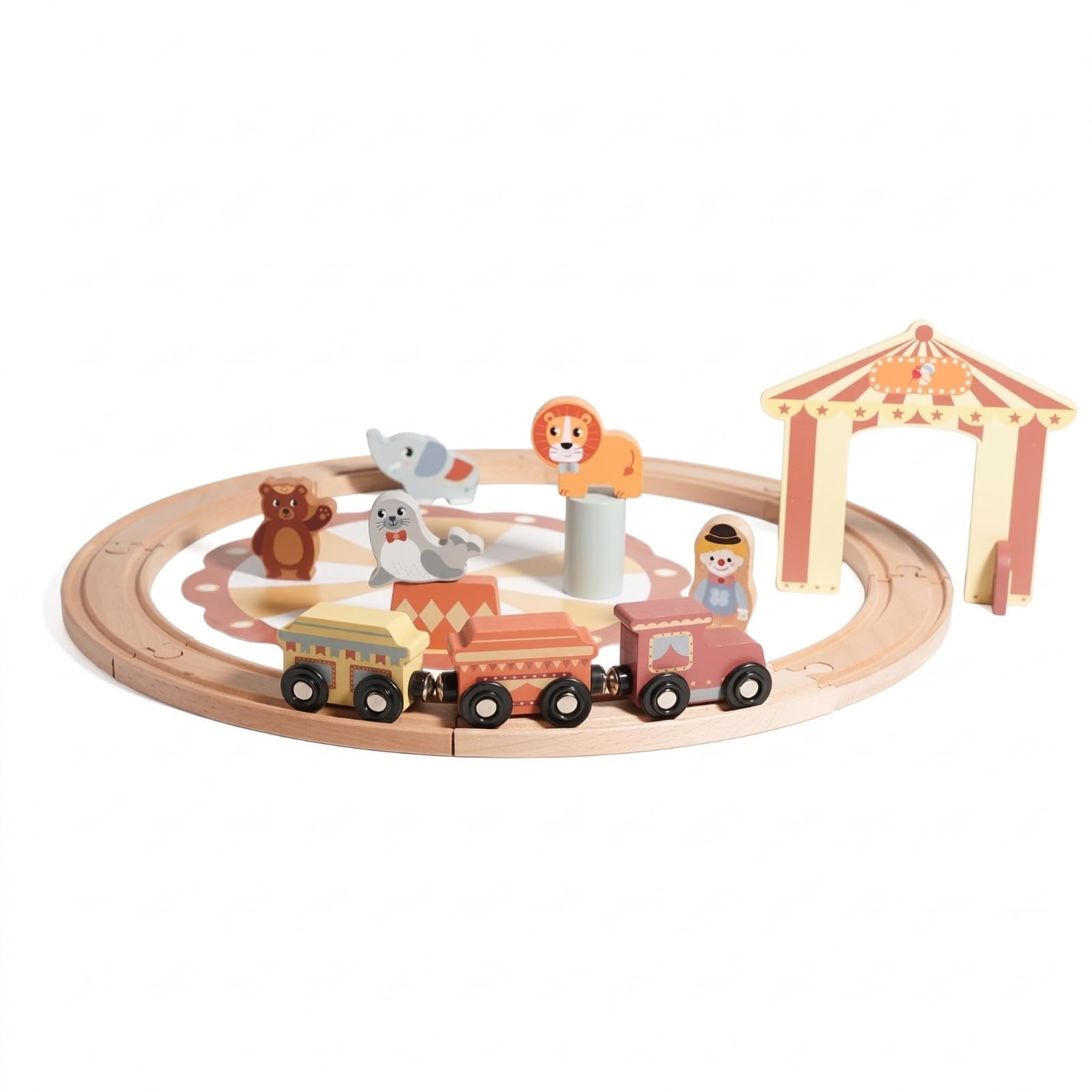 Treno di Legno per Bambini Set Costruzioni Ferrovia Carrozze in Faggio Levigato con Dettagli Dipinti per Narrazioni Adatto a Gioco Domestico Cameretta Regali