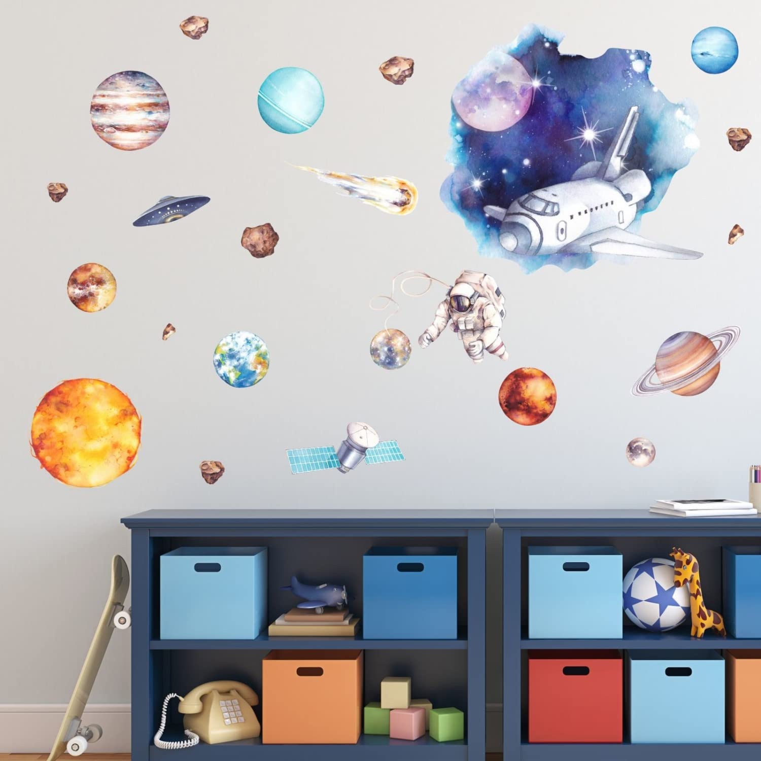 nikima Schönes für Kinder 239 tatuaż ścienny z motywem kosmosu, planety, astronauta, akwarela, rozmiar 2000 x 1120 mm, w 6 rozmiarach – naklejka do pokoju dziecięcego, naklejka ścienna, dekoracja ścienna