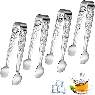 4 Pcs Rose Ice Tongs 11cm Stainless Steel Sugar Tong Small Serving Tongs 4.3Inch Relief Flower Sweet Tong for Food Candy Bread Cake Dessert Buffet Kitchen Wedding Tea Party Bar Bucket (Silver)