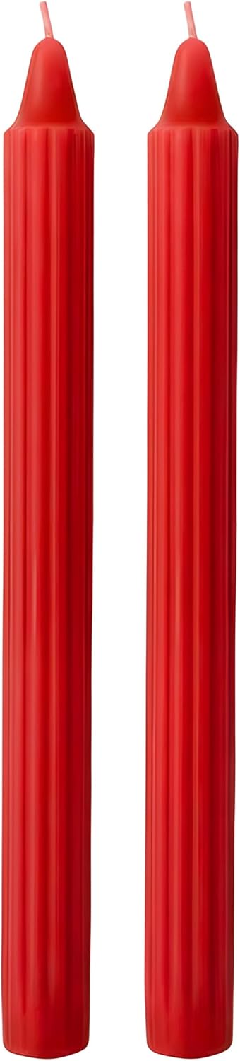 Set of 8 Doric Decorative Fluted Candles, Red Colour - Burning Time 8 Hours - Diameter 2.2 cm, Height 25 cm