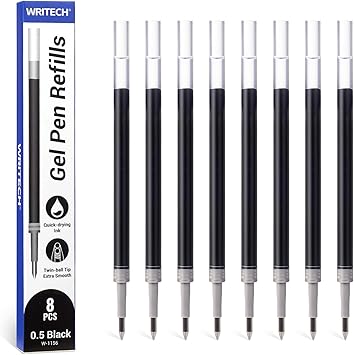 WRITECH W-1156 Gel Pen Refills 0.5mm Fine Point, Black Ink, 8-Pack Retractable Gel Pen Refills, Quick-Dry Smooth Writing