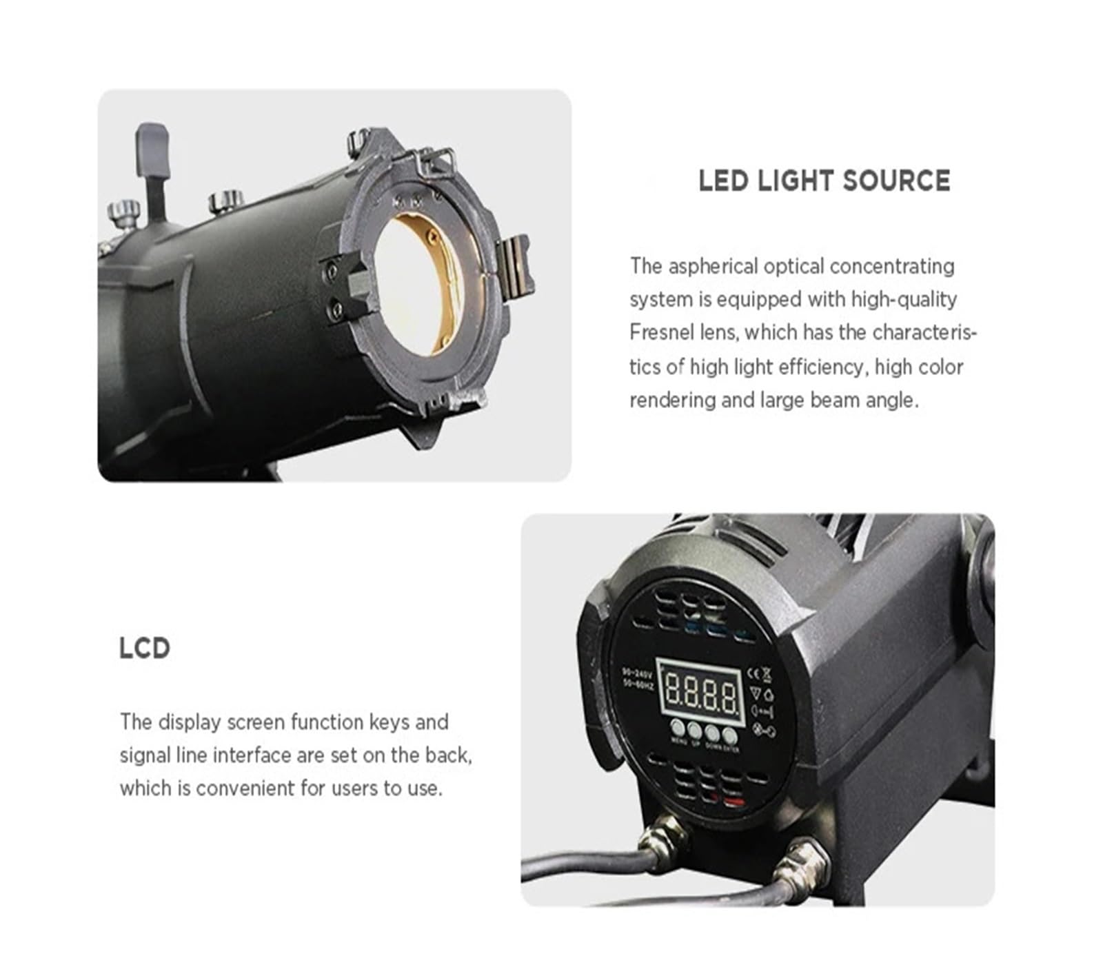 Miniaturowy reflektor elipsoidalny COB LED o zmiennym kącie świecenia, 60 W, 3200 K, 5600 K, sterowanie DMX, do gabloty wystawowej Koncert i wesele(3200K)