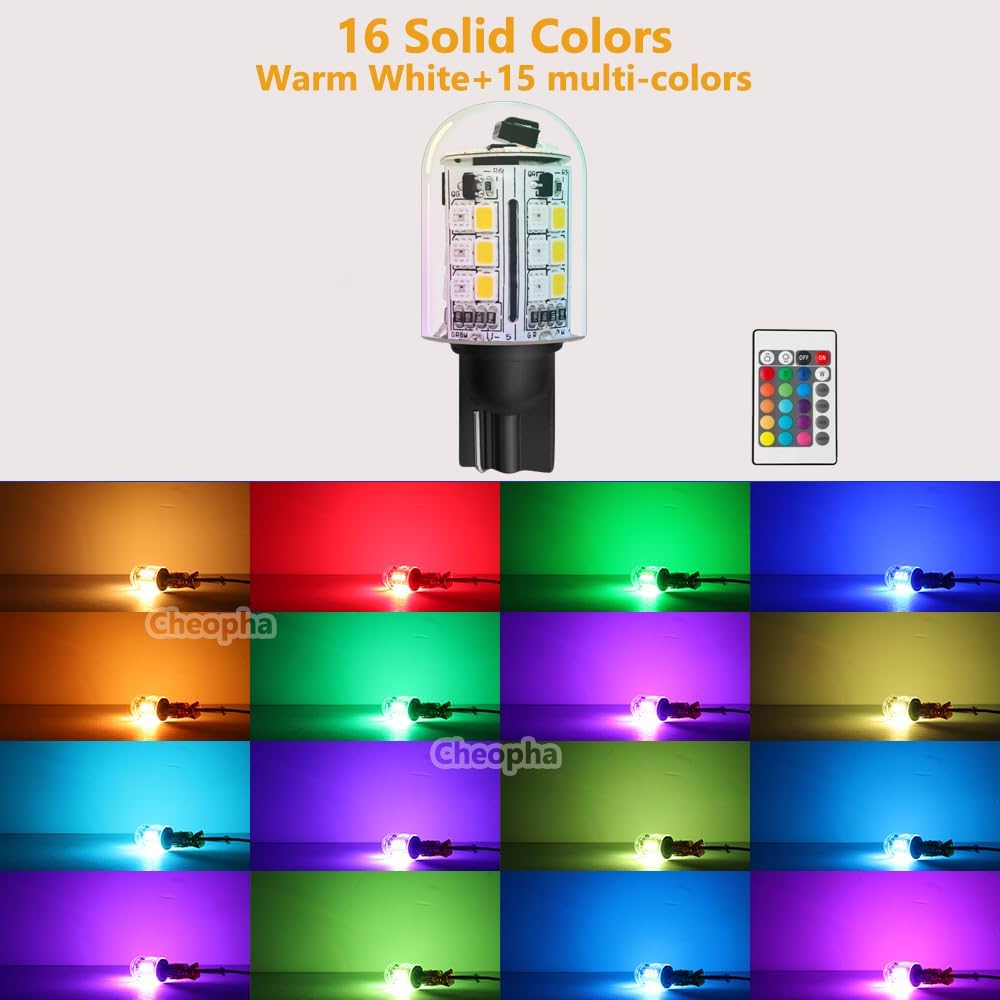 Cheopha RGB T5 T10 Wedge Base LED Bulbs with Remote Control, Warm White + Multi Colors, 12V Low Voltage for Christmas Lights, Outdoor Landscape Lighting 4-Count