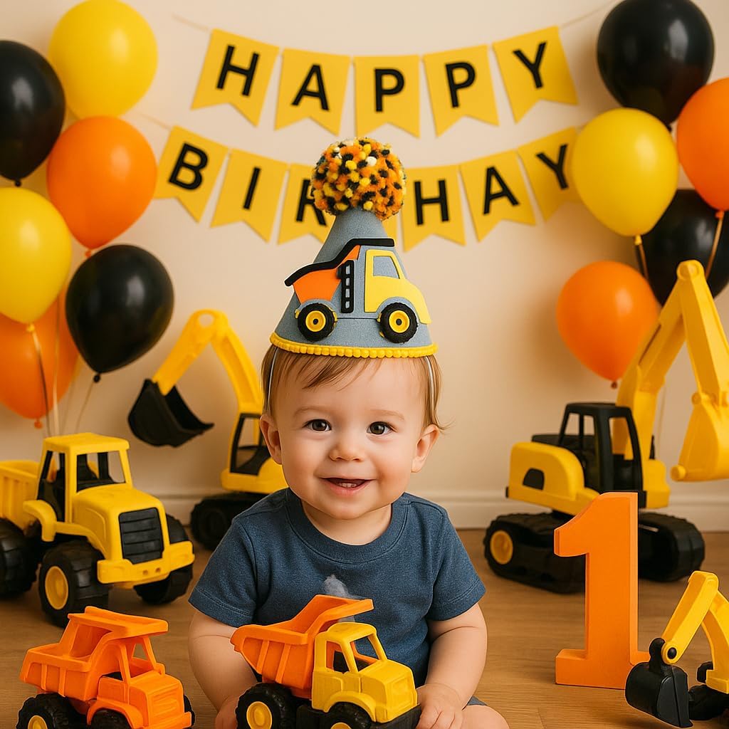 348 Pcs Construction 1st Birthday Decorations, Dump Truck One Year Old Party Supplies Include Balloons Box, Backdrop, Hanging Swirls, High Chair Banner, Hat, Tablecloth, Plates, Cake Toppers