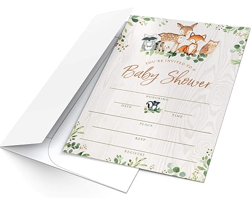 Miniatura 5 de Printed Party Invitaciones y sobres para baby shower, animales del bosque, juego de 25
