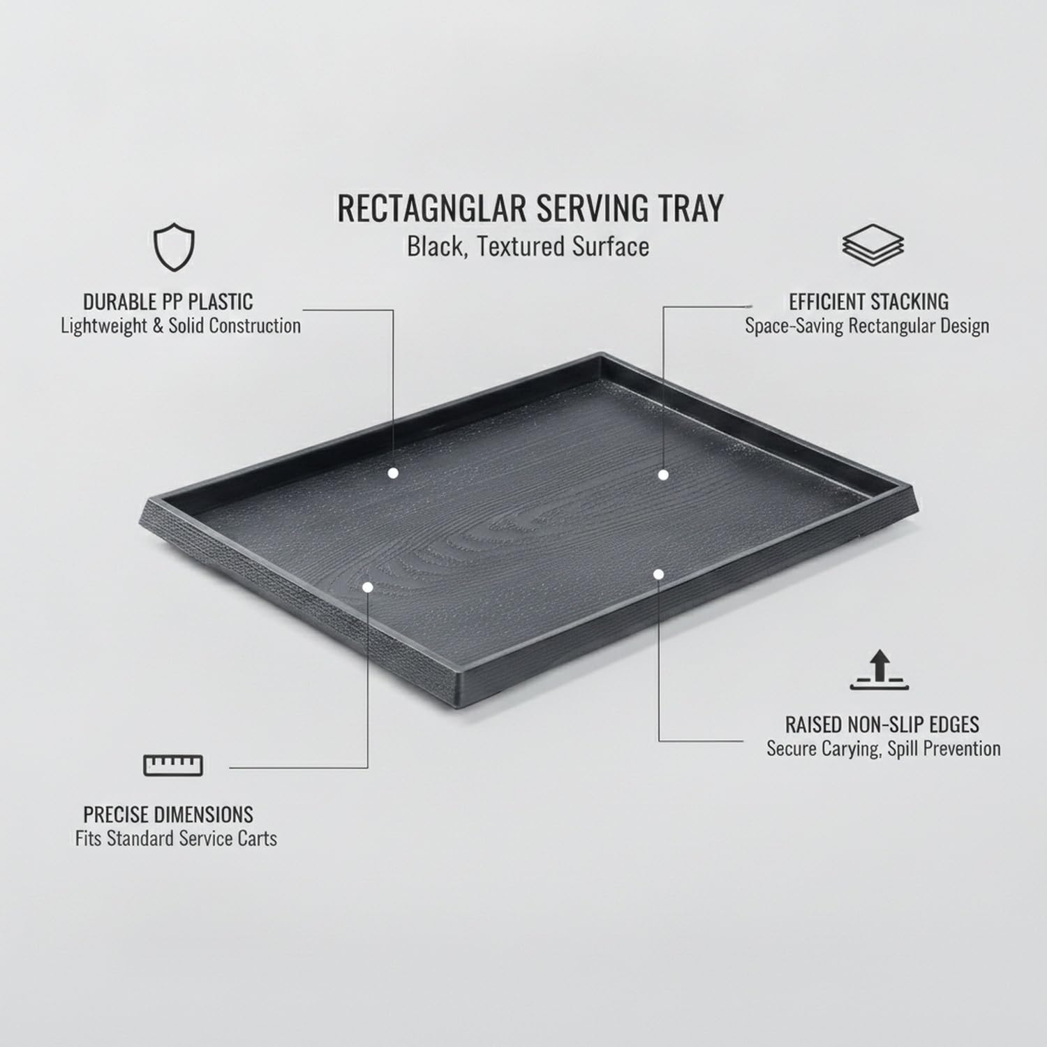 Bandeja rectangular de plástico PP para uso doméstico o comercial, efecto de grano de madera negra, diseño duradero para servir, organización y almacenamiento, solución versátil de cocina y oficina