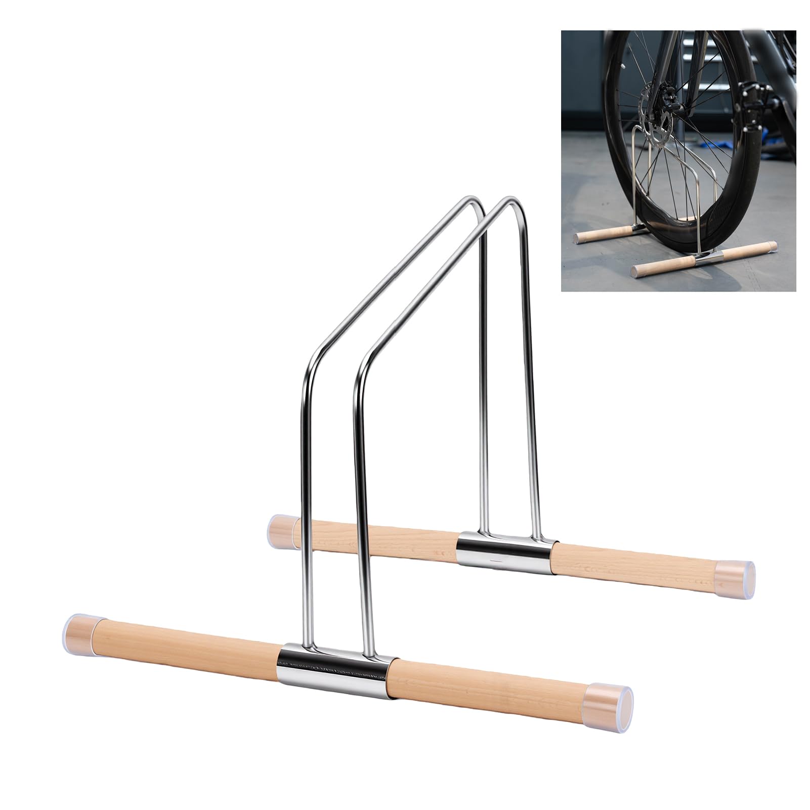 POENVFPO Portabici da Garage, Portabici da Pavimento per Garage | Base in Acciaio Inossidabile in Legno di Faggio, Piedini in Gomma Antiscivolo, Adatto per Telai da 22-28 Pollici, Larghezza