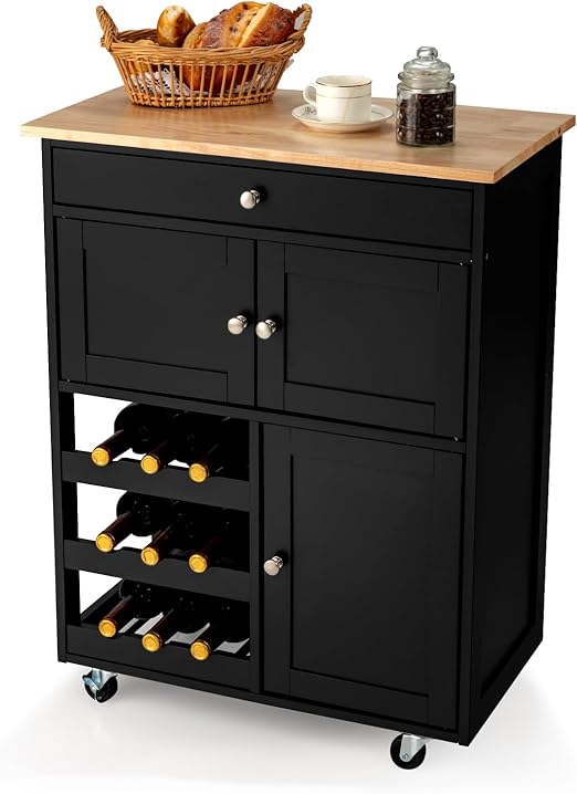 COSTWAY Kitchen Trolley on Wheels, Serving Trolley with Drawers & 3Tier Wine Rack & Worktop