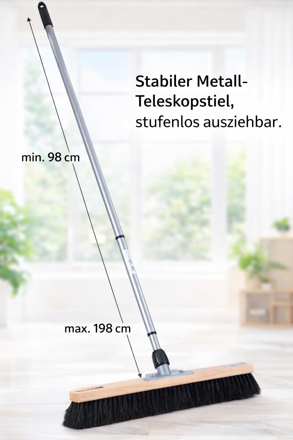Weicher Rosshaar Saalbesen 50cm Breit mit Teleskopstiel Stiel Besen | Naturhaar, Metallstiel verstellbar max. 200cm, Sehr weiche Borsten, Sehr gute Staubbindung, Für glatte Böden