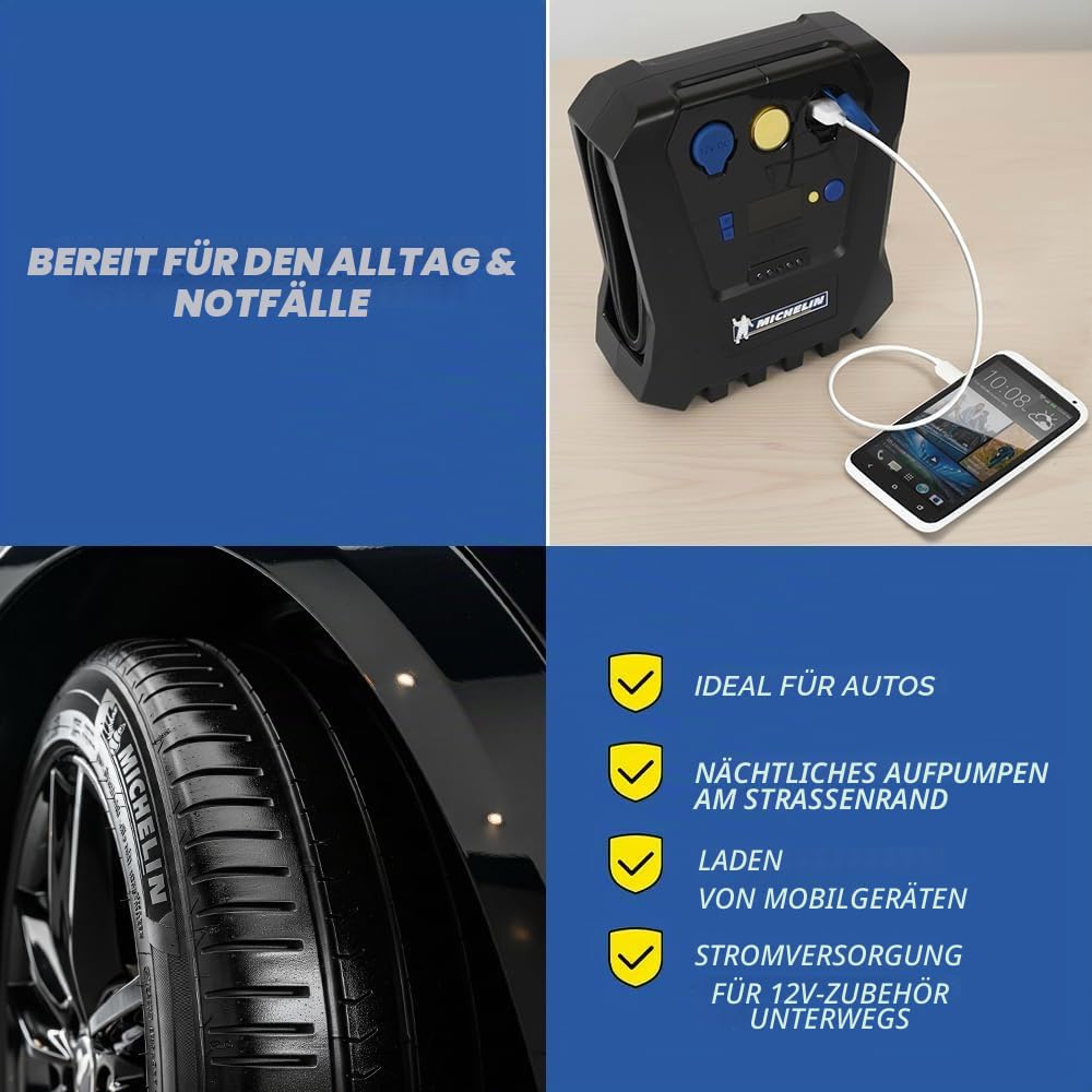 MICHELIN 12V Luftkompressor programmierbar digital Reifenpumpe Auto SUV Fahrrad Notfall Kompressor mit LED Anzeige präziser Reifendruck Schnellaufpumpen | Programmierbar digital Reifenpumpe Auto SUV Fahrrad Notfall Kompressor mit LED Anzeige präziser Reif